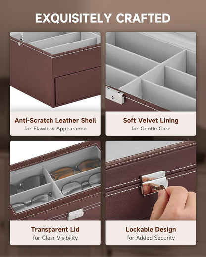 CO-Z Sunglasses Organizer with 12 Slots, Multiple Eyeglasses Eyewear Display Case for Women Men, 2 Story Leather Multi Sunglasses Jewelry Collection Holder with Drawer