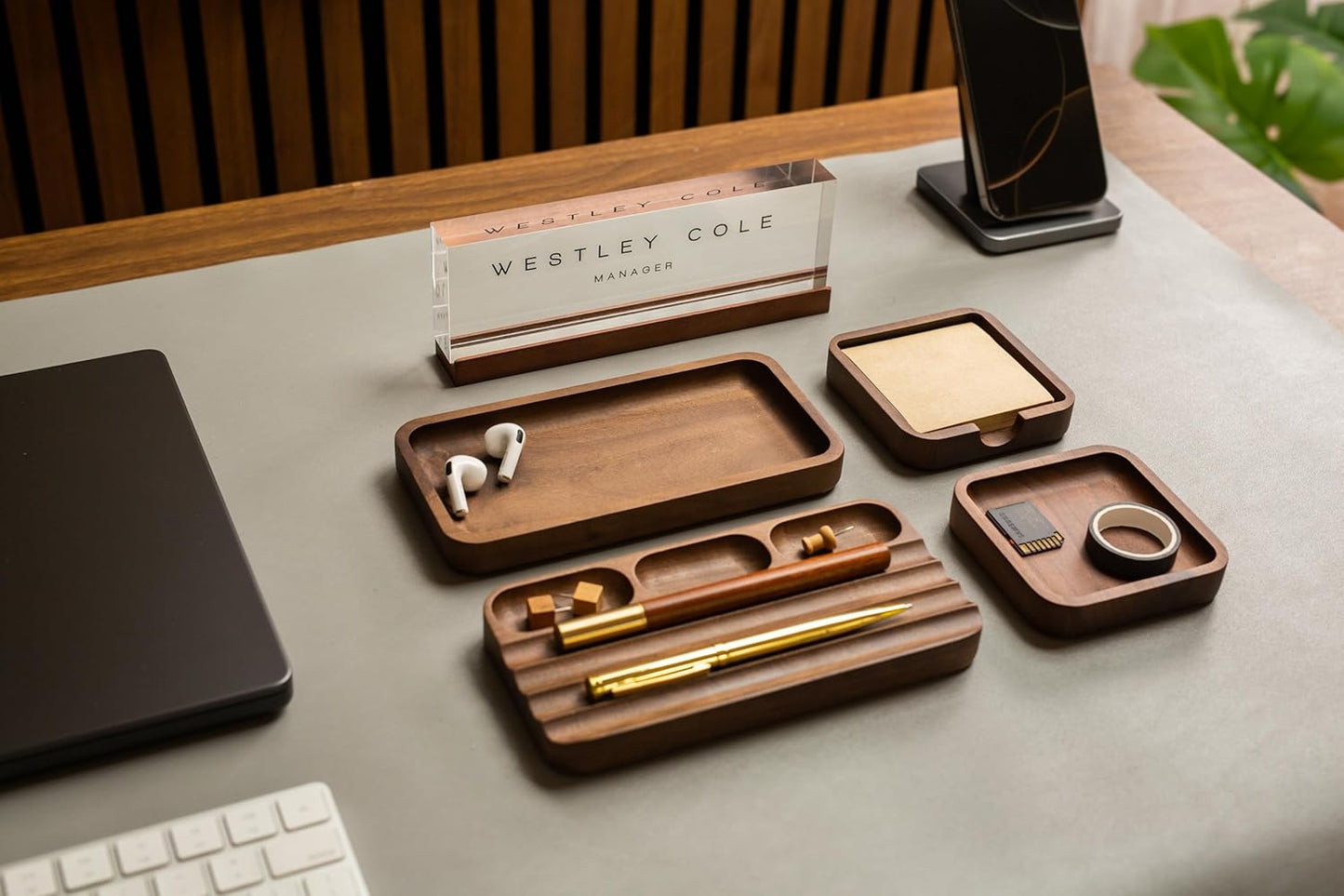 MUUJEE Wooden Desk Pen Pencil Organizer - 7.5 x 3.75 for Work Teacher Dad Wood Pencils Tray Work Minimalist Rustic, Gift for The Man who has it All