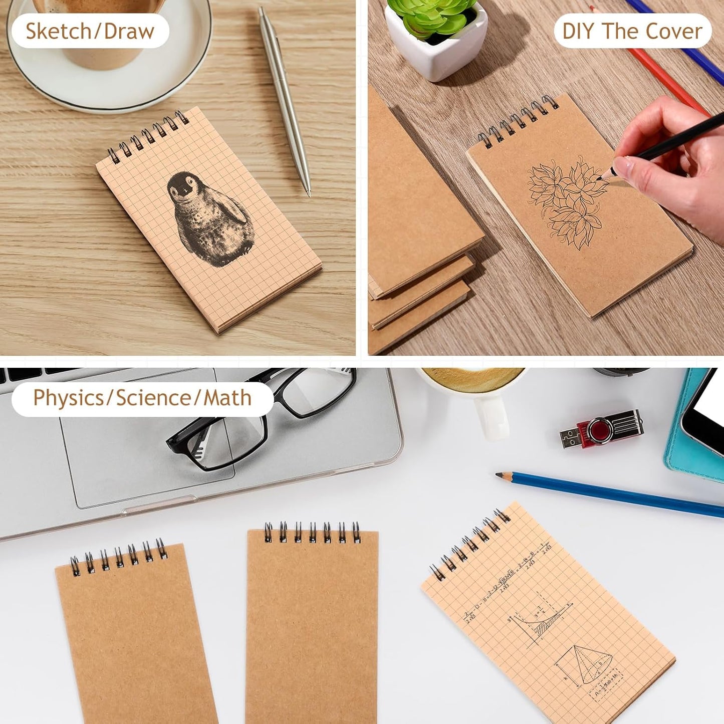 Jutom 2 Pcs Mini Pocket Notebooks Bulk 3x5 Graph Paper Top Spiral Notebook 120 Pages 80 Gsm Mini Grid Notepads for Personal Organizers Home Classroom Business Work Supplies (Kraft)