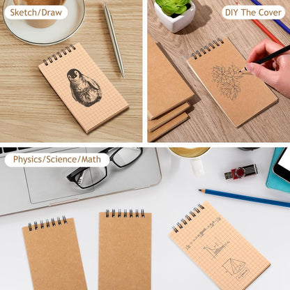 Jutom 2 Pcs Mini Pocket Notebooks Bulk 3x5 Graph Paper Top Spiral Notebook 120 Pages 80 Gsm Mini Grid Notepads for Personal Organizers Home Classroom Business Work Supplies (Kraft)