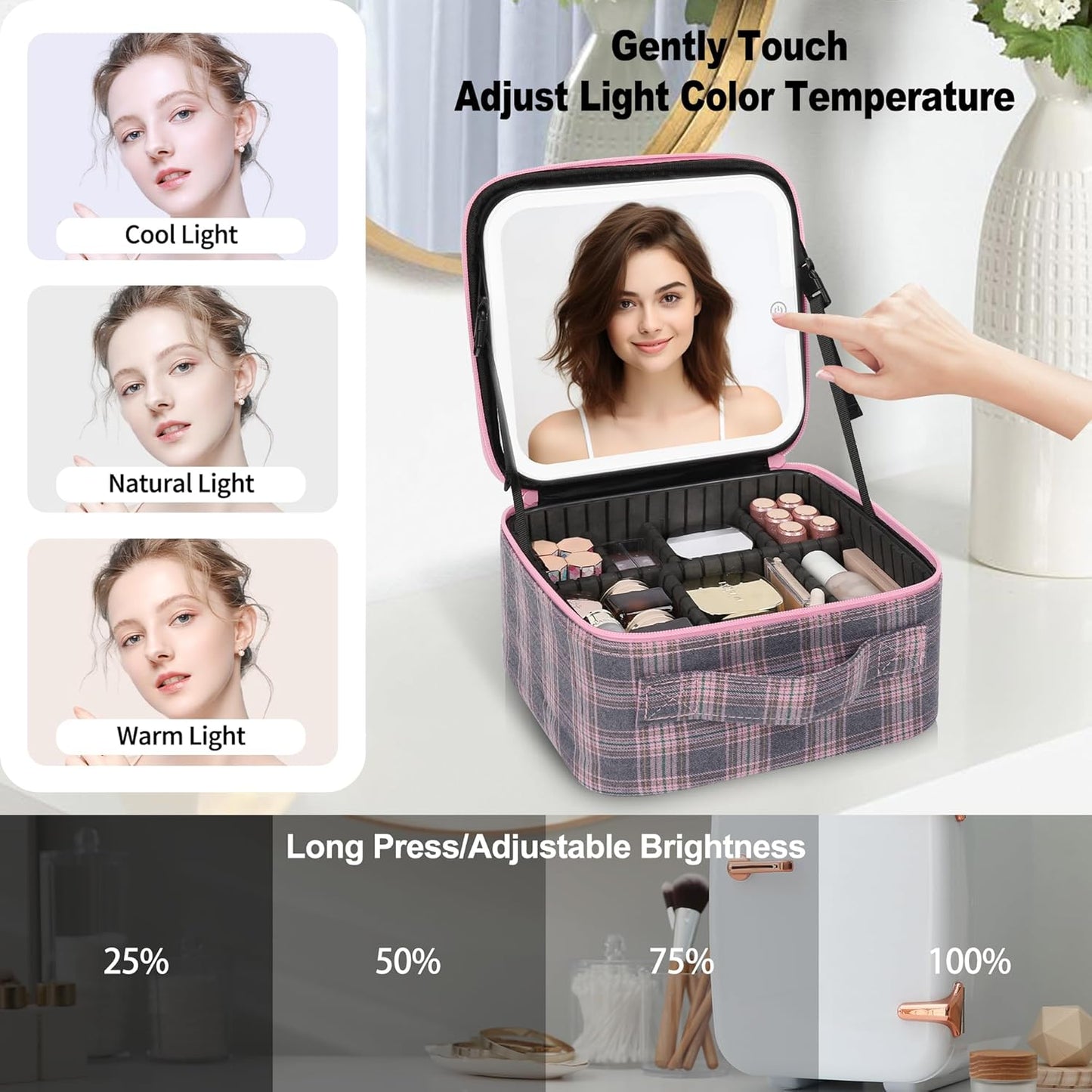 Relavel Travel Makeup Bag With LED Mirror, Cosmetic Train Case with Light up Mirror, Portable Makeup Artist Organizer Bag with Adjustable Dividers, Makeup Brush Holder Storage, Black