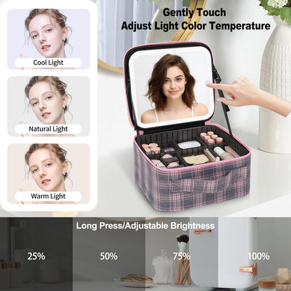 Relavel Travel Makeup Bag With LED Mirror, Cosmetic Train Case with Light up Mirror, Portable Makeup Artist Organizer Bag with Adjustable Dividers, Makeup Brush Holder Storage, Black