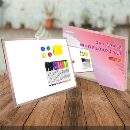 Dry Erase White Board, 16inX12in Large Magnetic Desktop Whiteboard with Stand, 10 Markers, 4 Magnets, 1 Eraser, Portable Double-Sided White Board Easel for Memo to Do List Desk Office