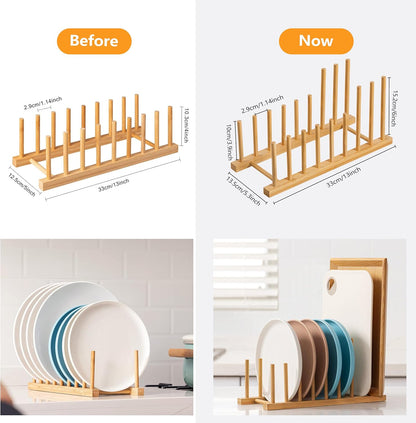 HBlife Heighten and Widen Bamboo Dish Drying Rack Plate Bowl Cup Book Pot Lid Cutting Board Stand Drainer Storage Holder Organizer for Kitchen Cabinet