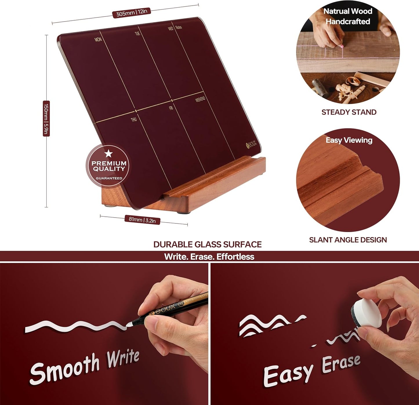 Desktop Glass Weekly Planner Whiteboard with Detachable Wood Stand,Small Portable Dry Erase Calendar to Do List White Board 12x6 for Office, Home, Schools, Marker&Eraser Included, Yeoux