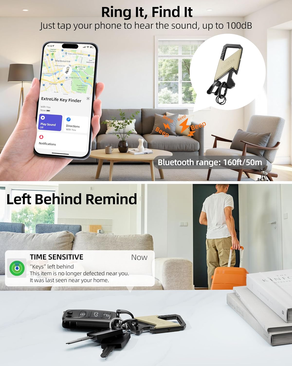 Keychain, Works with Apple Find My, Heavy Duty Keychain Bottle Opener, Carabiner Car Key Chains for Men & Women, Car Key Fob Holder, Anti-Lost Keys Tracker, Smart Keys Finder, Rechargeable, Black