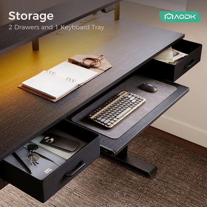 AODK Electric Standing Desk with Drawers & Keyboard Tray, 55 Inch Height Adjustable Gaming Desk with Power Outlets & LED Lights, Sit Stand Table with Monitor Stand for Home, Office, Rustic Brown