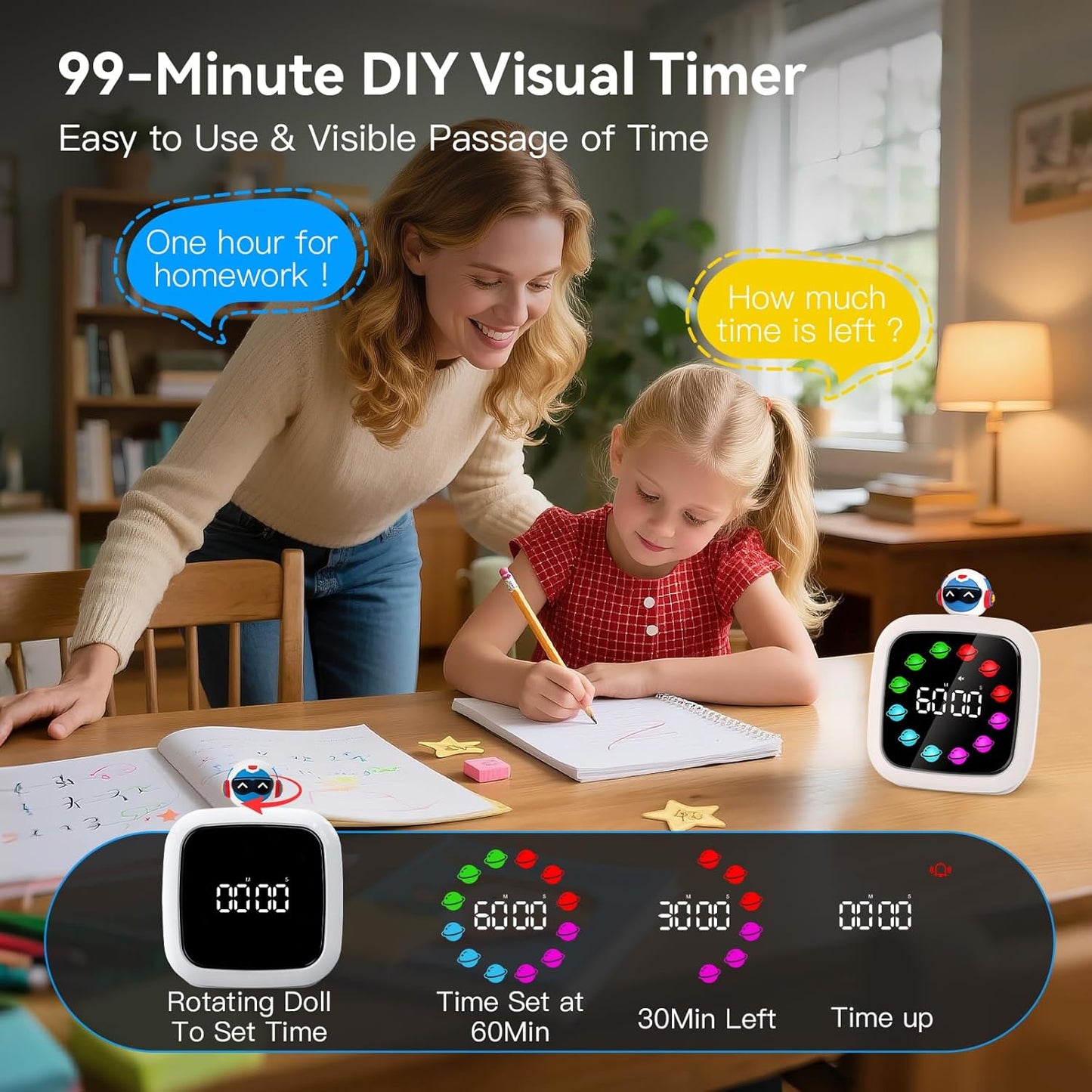 Yunbaoit Digital Visual Timer for Kids, Rechargeable 99-Minute Silent Countdown Timer with 19 Ringtones, 9 Optional DIY Color Star Display, Time Management Tool with Pause Function (Rainbow)