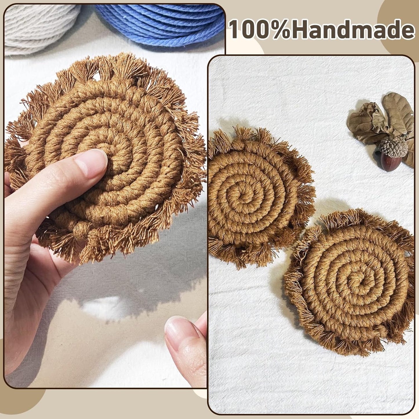 7.4in Boho Coasters for Drinks, Handmade Woven Absorbent Coasters for Desk, Farmhouse Cute Coaster for Mugs Cups - Gifts for Women, Beige