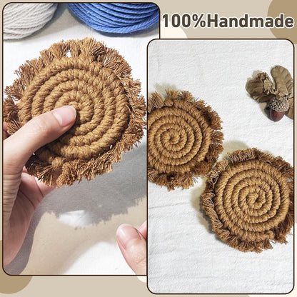 7.4in Boho Coasters for Drinks, Handmade Woven Absorbent Coasters for Desk, Farmhouse Cute Coaster for Mugs Cups - Gifts for Women, Beige