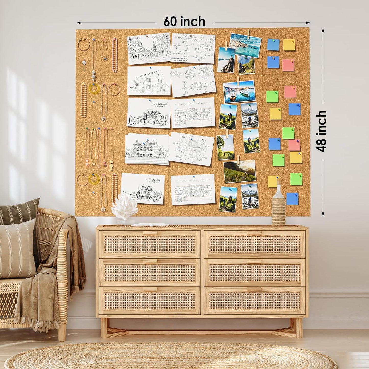 MaxGear Large Cork Board for Wall 36" x 24", 6 Pack Cork Board Tiles with 20 Pushpins & Safe Removable Adhesive Tabs, 12" x 12" Corkboards for Office, School & Home