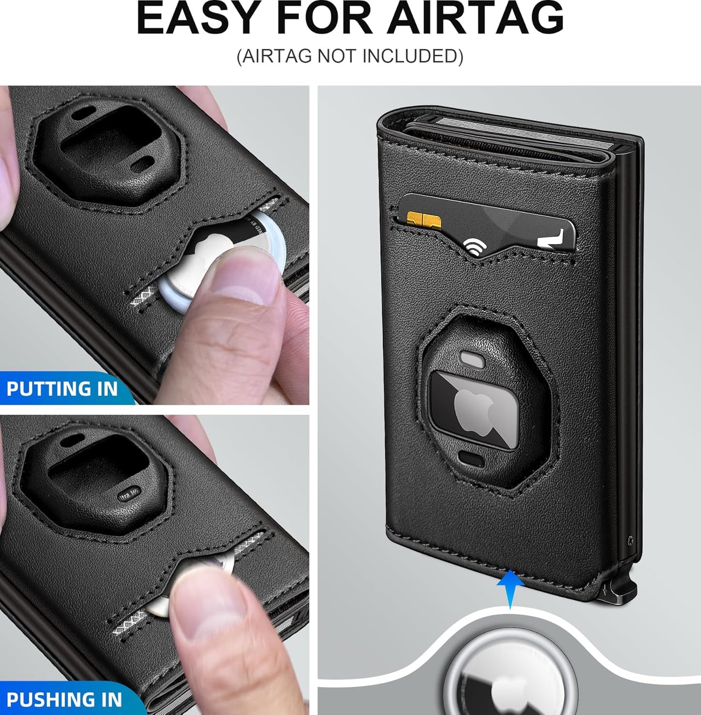 Airtag Wallet for Men,with Cash Pocket 2 ID Window 10+ Cards,Metal Case Smart Slim Pop Up Credit Card Holder Flip with Magnetic Closure RFID Blocking Trifold Leather wallet with Gift Box