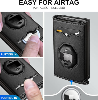 Airtag Wallet for Men,with Cash Pocket 2 ID Window 10+ Cards,Metal Case Smart Slim Pop Up Credit Card Holder Flip with Magnetic Closure RFID Blocking Trifold Leather wallet with Gift Box