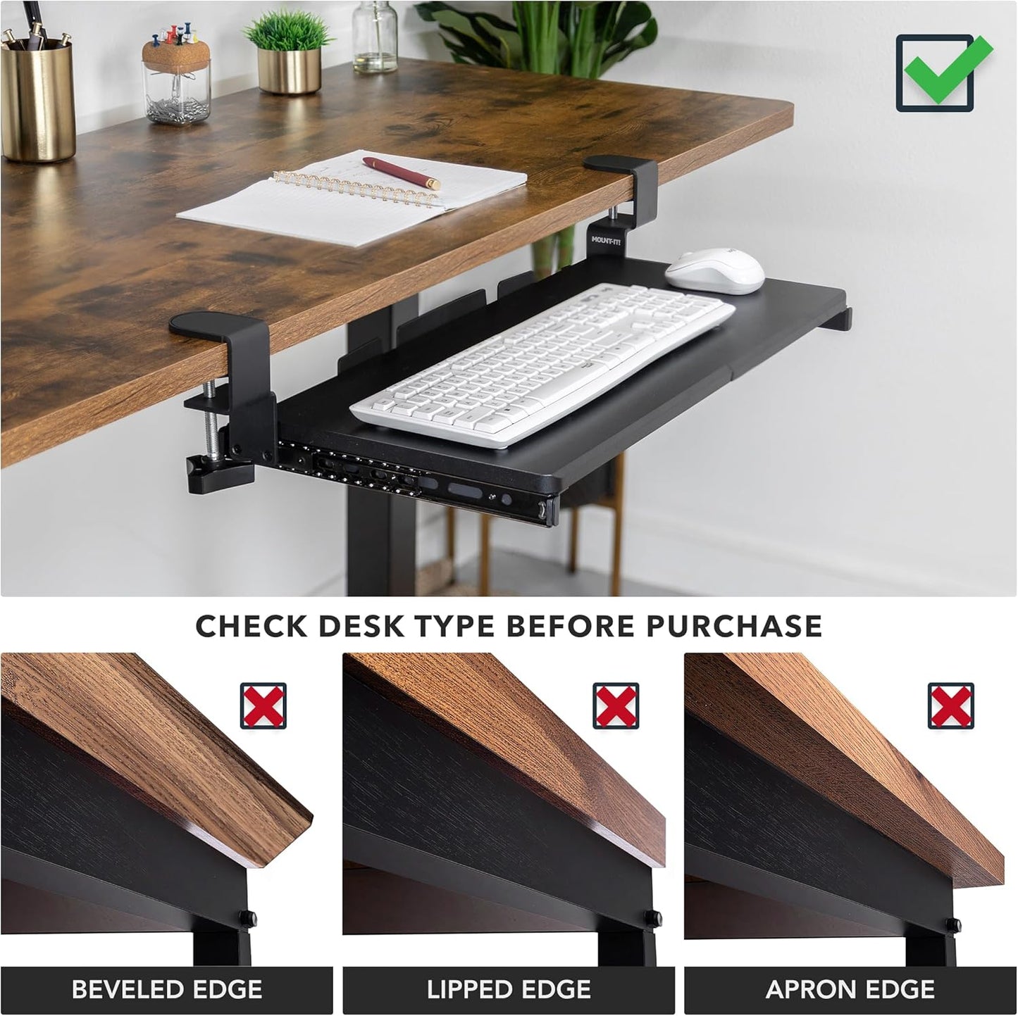 Mount-It! Under Desk Keyboard Tray, 30" Extra-Wide Clamp-On Slide-Out Drawer, Holds 11 lbs, Fits Desks up to 1.77" Thick, No-Drill C-Clamp Mount