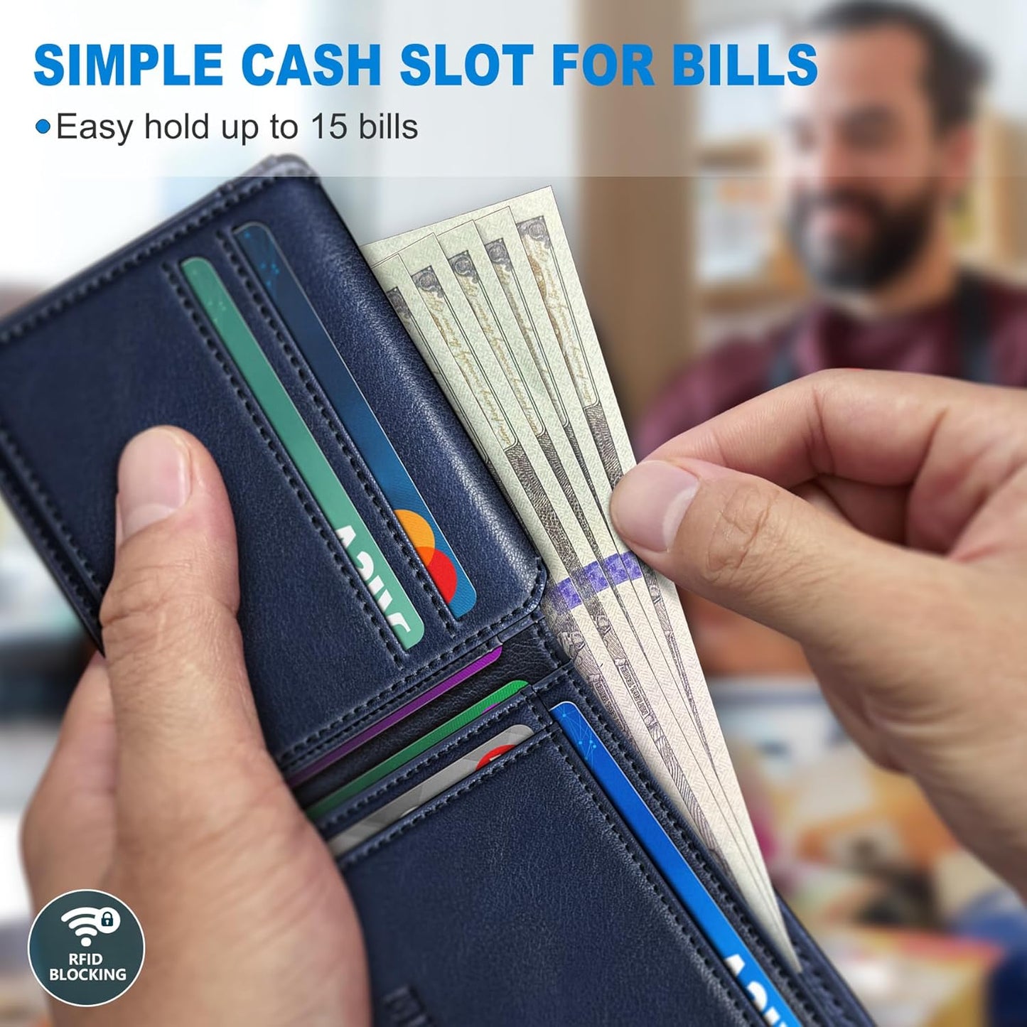 miyozi AirTag Wallet for Men, Slim Leather Bifold with Holder Slot, 2 ID Windows & 13 Card Slots, RFID Blocking Front Pocket Wallet with Gift Box
