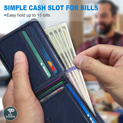 miyozi AirTag Wallet for Men, Slim Leather Bifold with Holder Slot, 2 ID Windows & 13 Card Slots, RFID Blocking Front Pocket Wallet with Gift Box