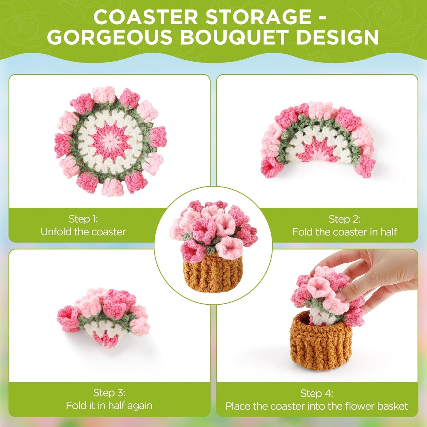 Flower Crochet Coasters, Handmade Bouquet Blanket Coaster with Crochet Plant Pot Fun Soft Decorative Drink Coasters for Coffee Tabletop Protection and Home Decor (Pink, 1Pc)