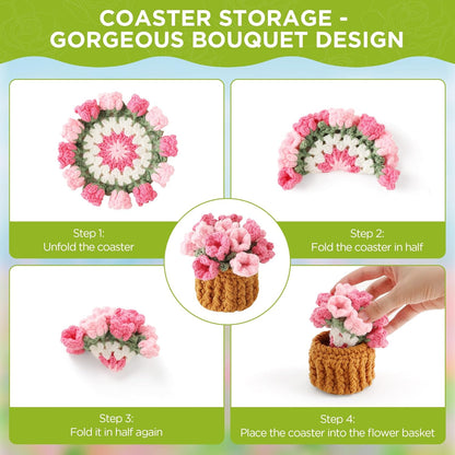 Flower Crochet Coasters, Handmade Bouquet Blanket Coaster with Crochet Plant Pot Fun Soft Decorative Drink Coasters for Coffee Tabletop Protection and Home Decor (Pink, 1Pc)