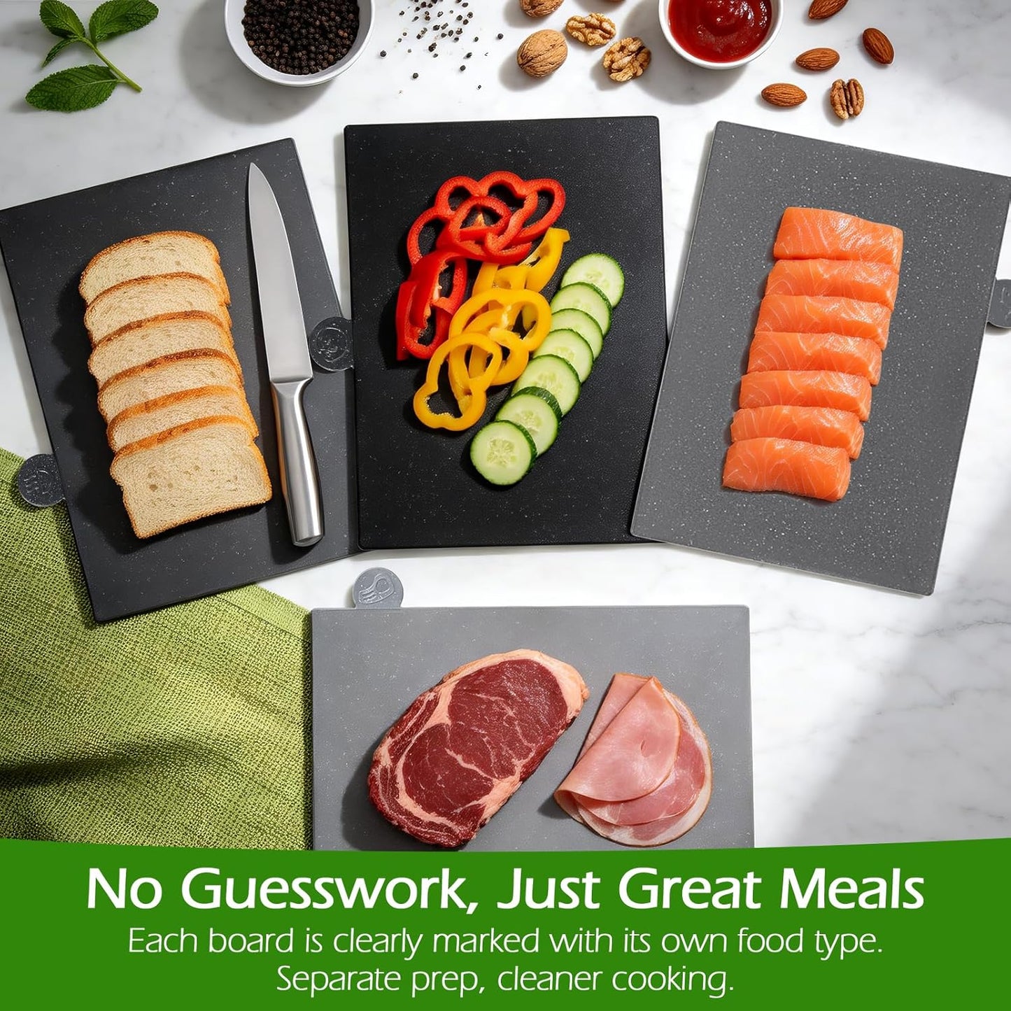 MASTERTOP Plastic Cutting Boards for Kitchen, Set of 4 Color Coded Chopping Boards with Storage Stand & Juice Grooves, Dishwasher Safe, Heat Resistant Meat and Bread Boards with Easy-Grip Handles