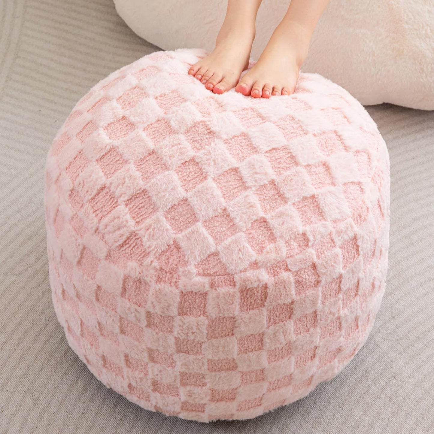 HIGOGOGO Round Stuffed Pouf Ottoman, Corduroy Poufs with Foam Chunk Filling, Furry and Fluffy Pouf Foot Stool Storage Ottoman, 20 X 15 Floor Poufs Foot Rest for Living Room, Dark Grey