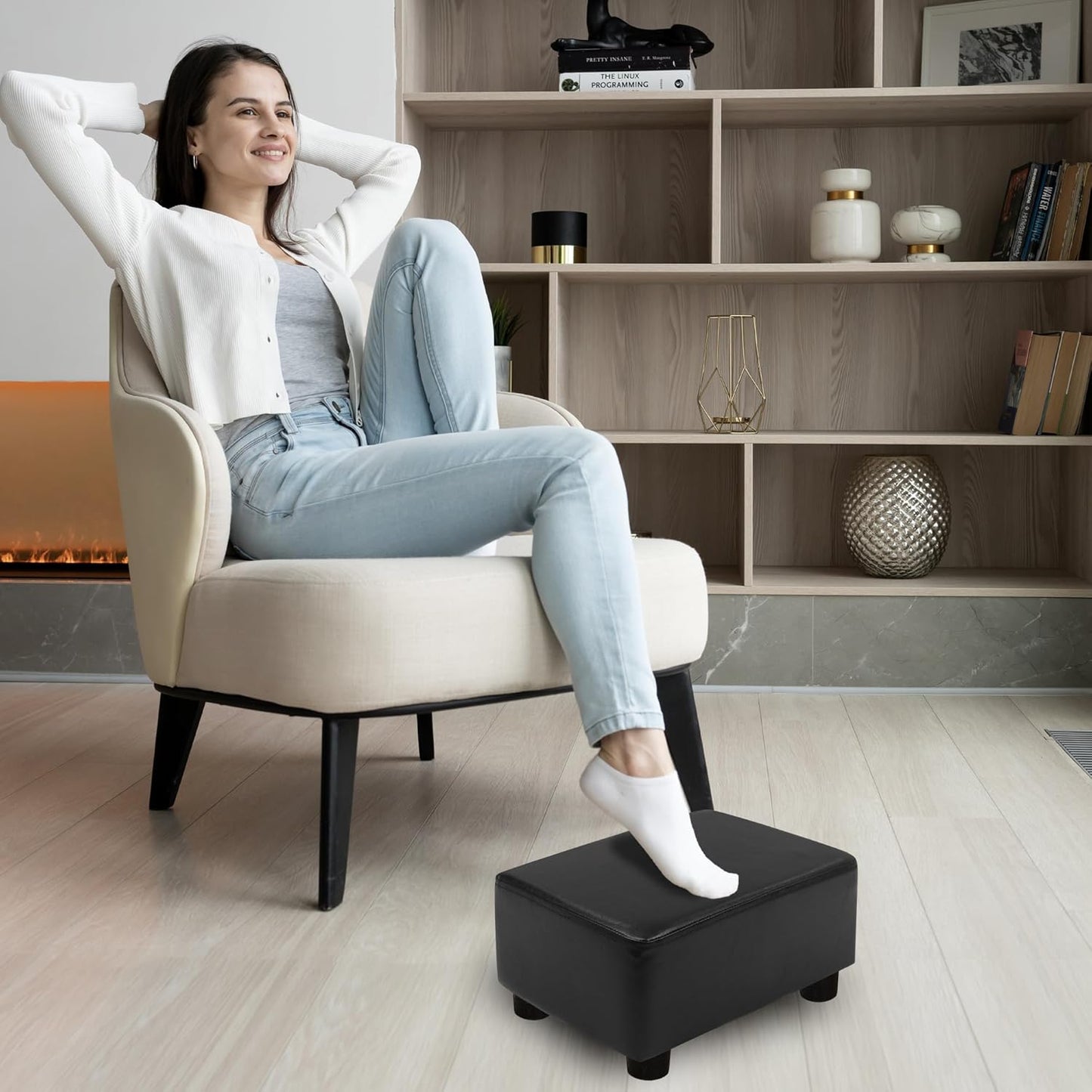 CAROLMADE Small Foot Stool Ottoman Footstool with Legs Under Desk Footrest for Living Room Bedroom and Office, Soft Ivory White