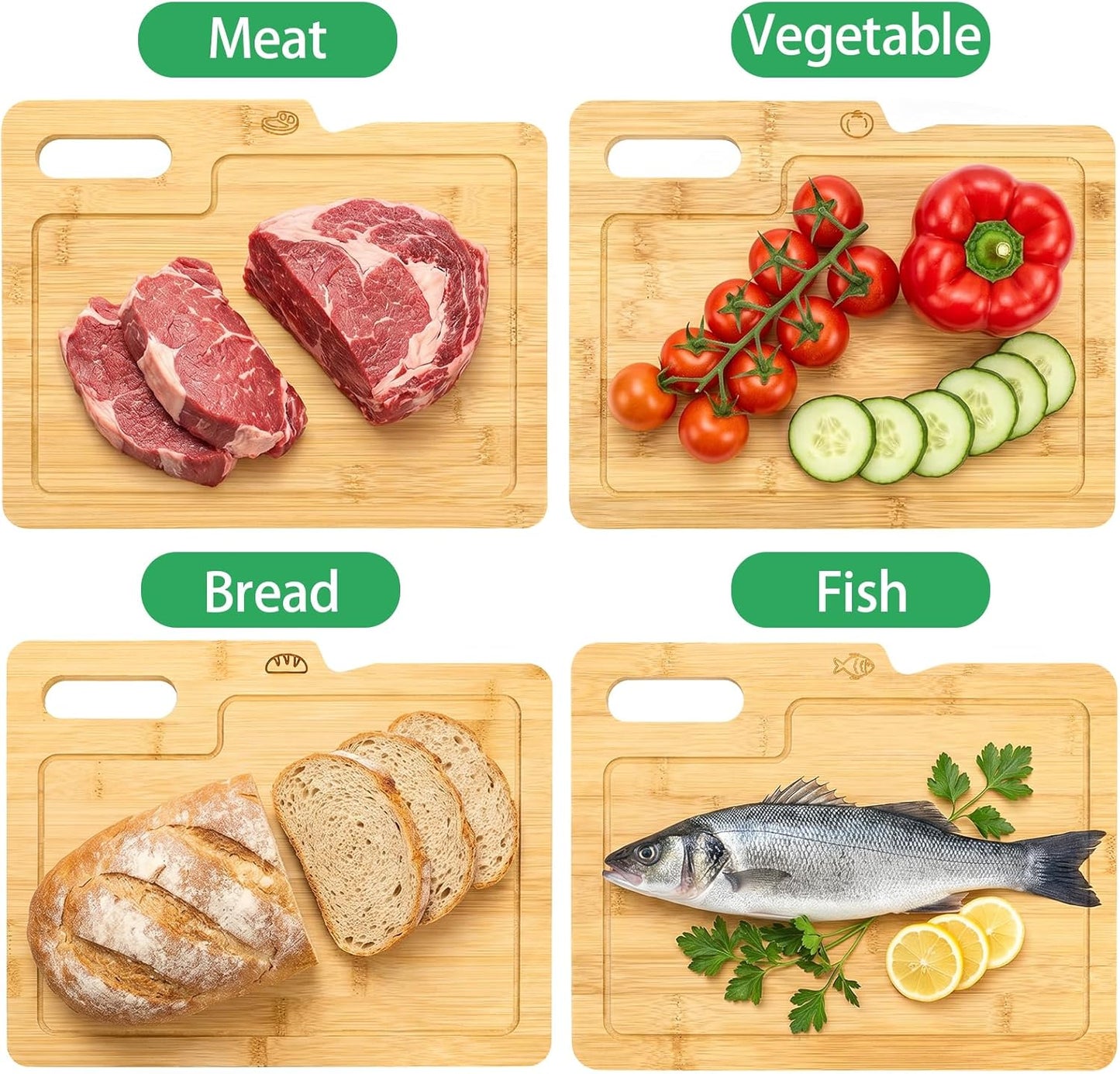 ZENFUN 4 Pack 12.5"L x 9.8"W Bamboo Cutting Boards with Holder, Wood Cutting Board Set, Chopping Boards Set with Food Icons, Kitchen Cutting Board Ideal for Meat, Fish, Bread, Vegetable, Fruit