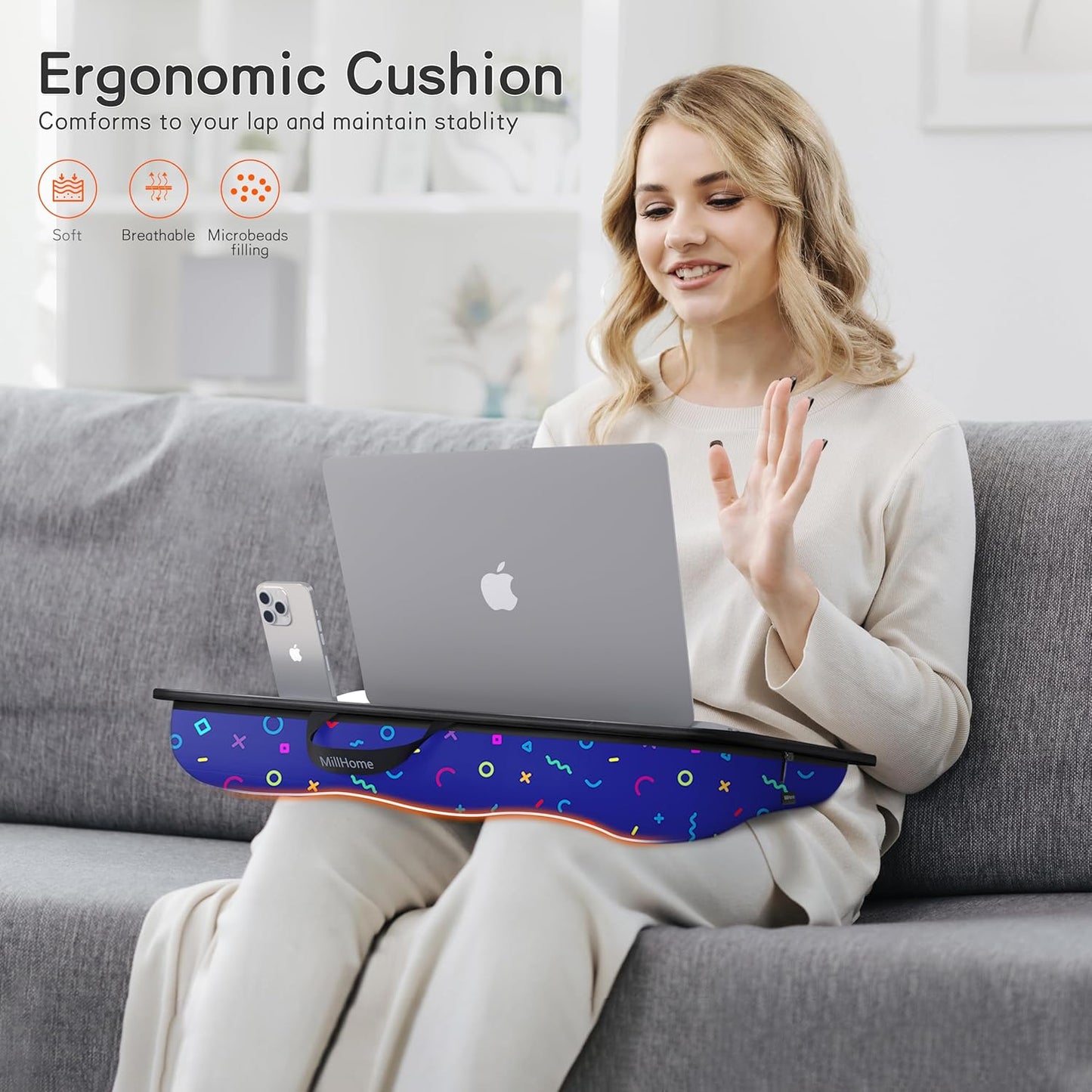 Lap Desk with Cushion, Fits up to 17 inch Laptop, Pillow Designed, Portable Laptop Stand with Tray, Pad & Phone Holder, Home Office for Bed/Couch/Car/Reading/Writing,MillHome (Black)