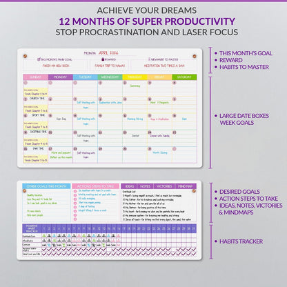 Magnetic Whiteboard for Fridge - Large Dry Erase Calendar for Wall | 2 Magnetic Dry Erase Board 10.5" x 16.5" & 7" x 16.5", Monthly Goal Setting & Habit Tracker, 5 Markers and 6 Adhesive Hooks
