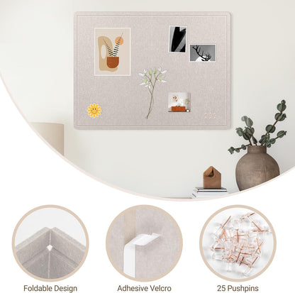 AKTOP Bulletin Board, 24" x 16" Foldable Felt Notice Pin Board for Wall, Decorative CorkBoard Photo Display Board with Self-Adhesive Tape, Vision Board Cork Board Alternative with 25 Pushpins - Latte