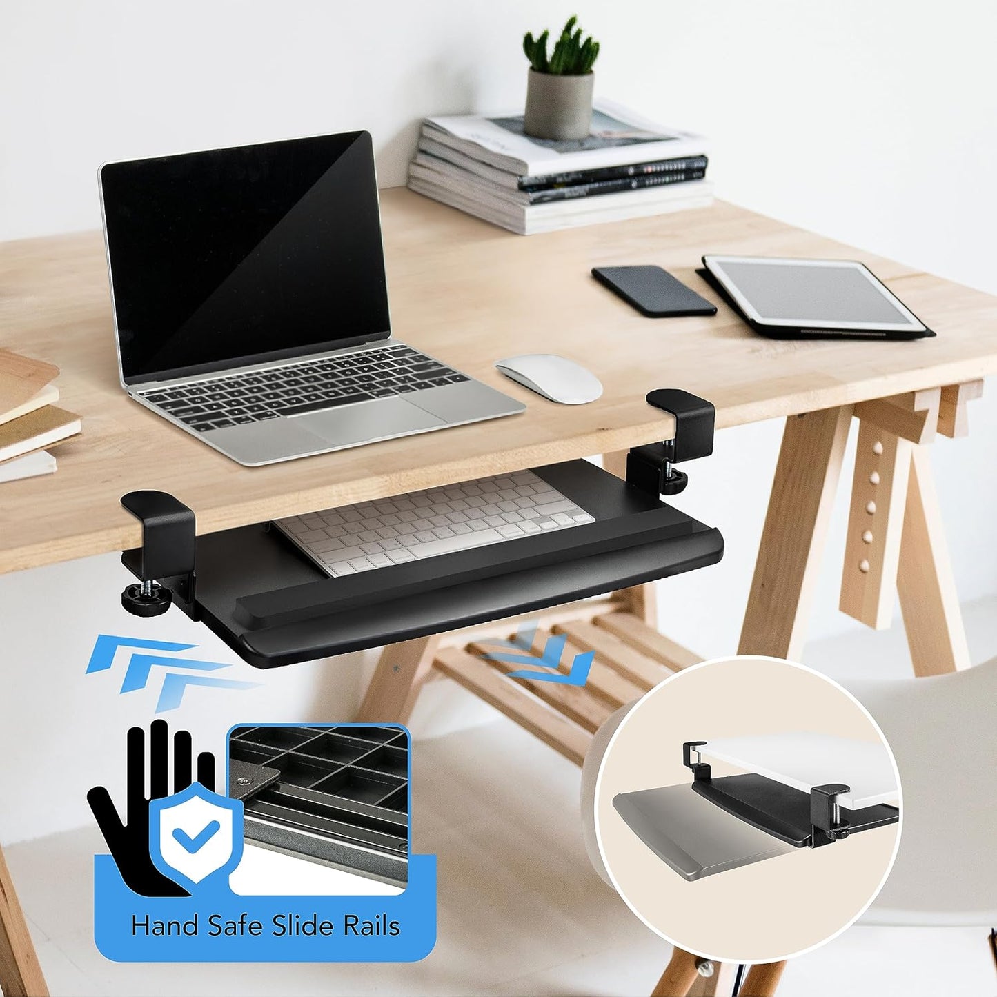 EHO Large Ergonomic C-Clamp Keyboard Tray Mount Under Desk with Wrist Rest, Slide-Out Platform 27.5" (31.8" Including Clamps) x 12.5", Pull Out Keyboard & Mouse Tray for Home or Office, Black