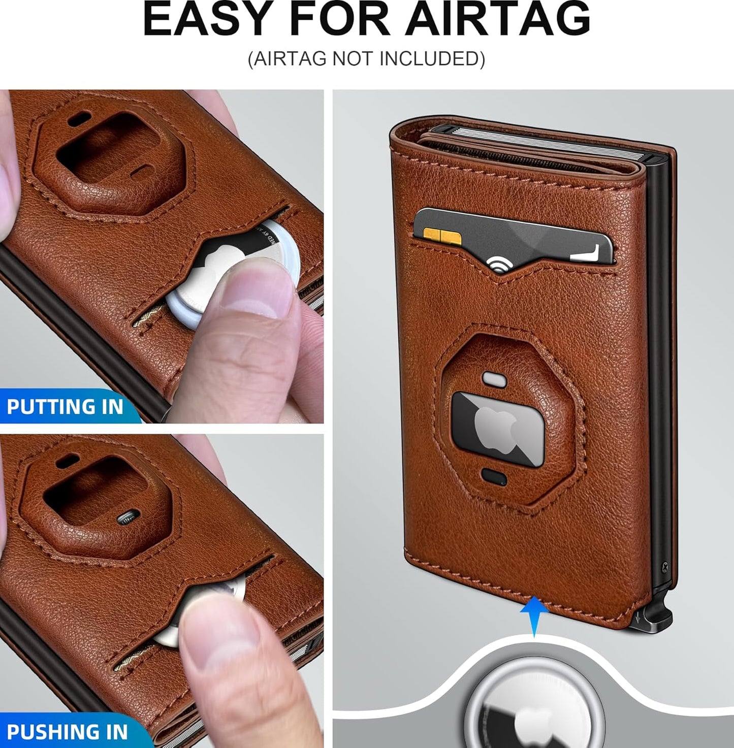 Airtag Wallet for Men,with Cash Pocket 2 ID Window 10+ Cards,Metal Case Smart Slim Pop Up Credit Card Holder Flip with Magnetic Closure RFID Blocking Trifold Leather wallet with Gift Box