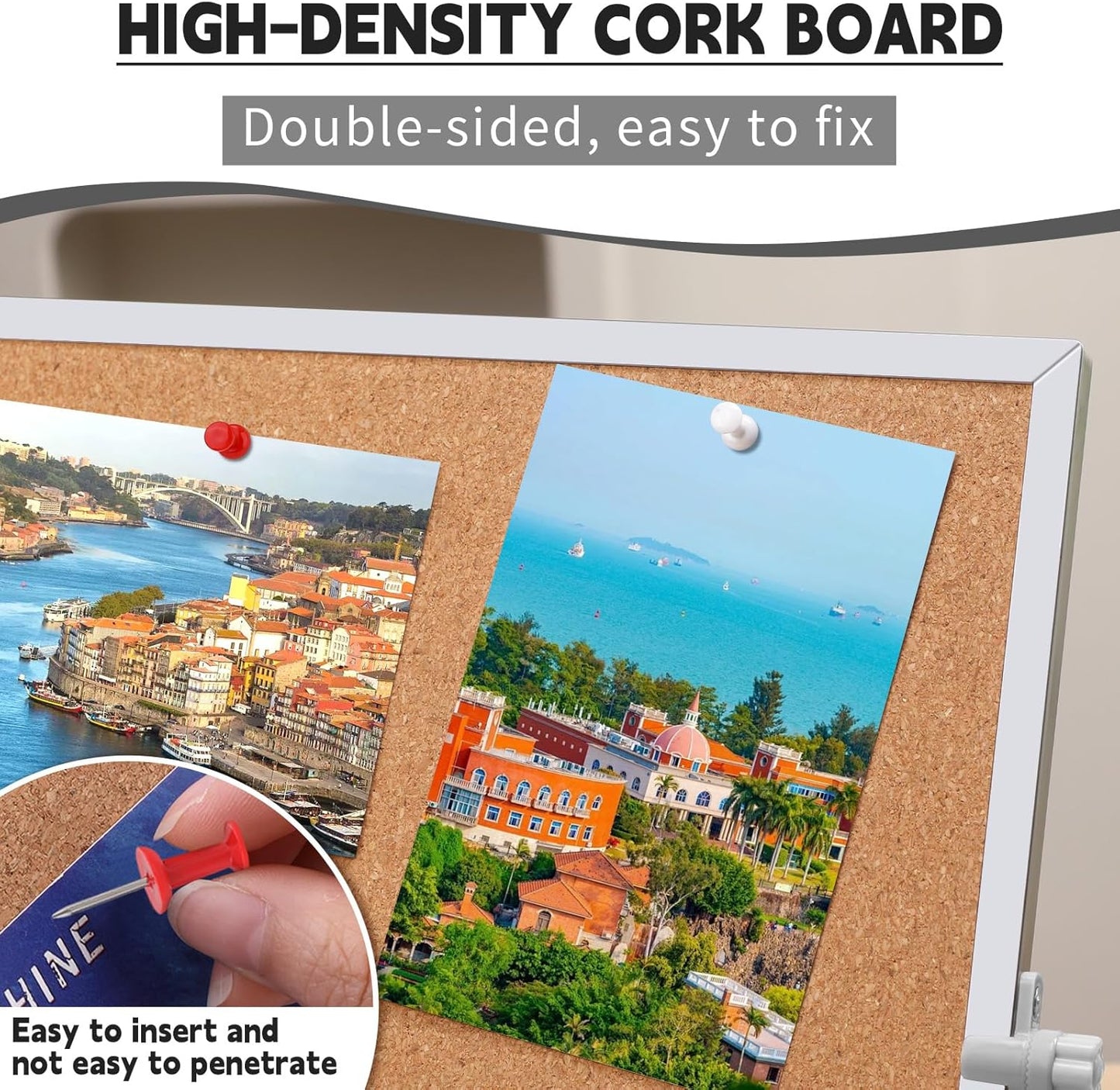9.8"×9.8" Cork Board Bulletin Board, Double Sided Pin Board with Silver Aluminum Border, Desktop Small Cork Board with Stand Suitable for Home, Office, Desk Message Board or Picture Board