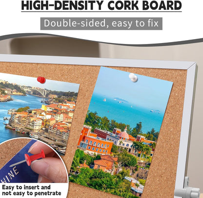 9.8"×9.8" Cork Board Bulletin Board, Double Sided Pin Board with Silver Aluminum Border, Desktop Small Cork Board with Stand Suitable for Home, Office, Desk Message Board or Picture Board