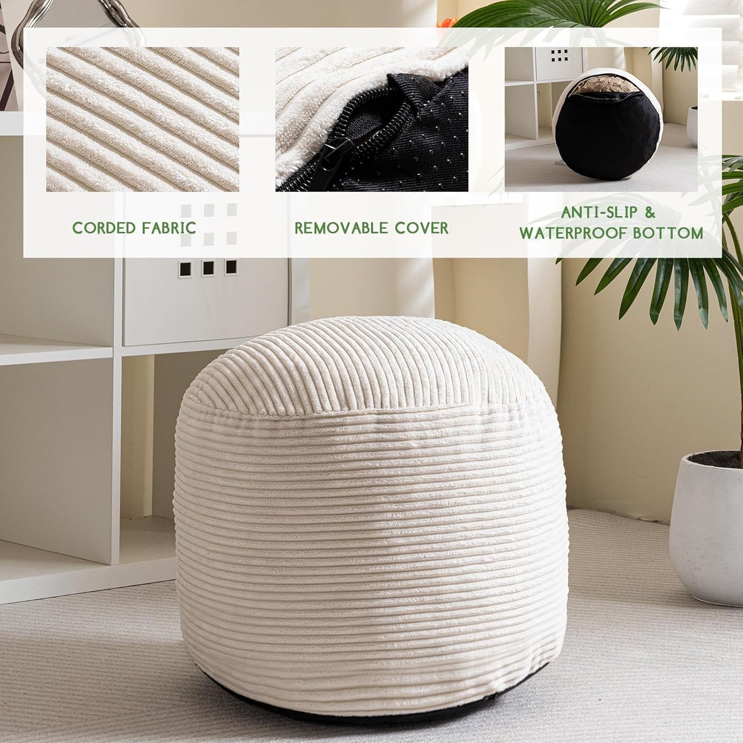 HIGOGOGO Round Stuffed Pouf Ottoman, Corduroy Poufs with Foam Chunk Filling, Furry and Fluffy Pouf Foot Stool Storage Ottoman, 20 X 15 Floor Poufs Foot Rest for Living Room, Dark Grey