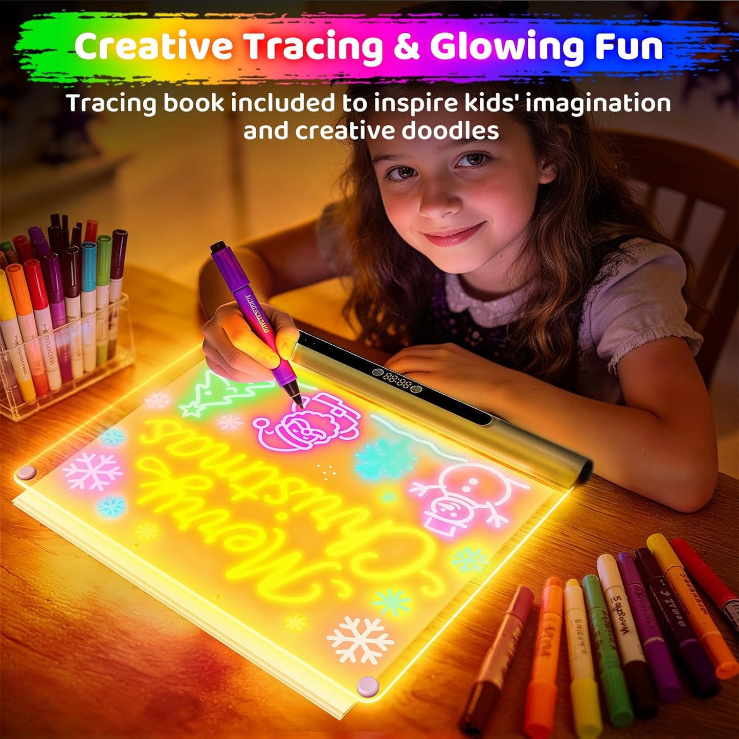 16“ Rechargeable LED Drawing Board, 9-Color Light Modes with Timer & Built-in Stand, Neon Art Dry Erase Glow Up Doodle Note Pad, Sketching Gift Toy for Kids/Girls/Teens, 6 Markers & Tracing Book