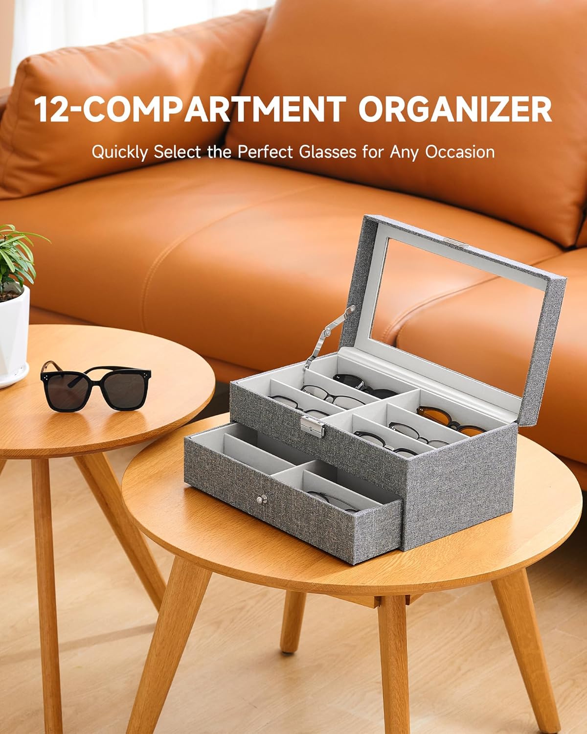 CO-Z Sunglasses Organizer with 12 Slots, Multiple Eyeglasses Eyewear Display Case for Women Men, 2 Story Leather Multi Sunglasses Jewelry Collection Holder with Drawer