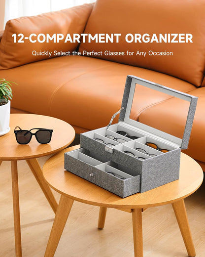 CO-Z Sunglasses Organizer with 12 Slots, Multiple Eyeglasses Eyewear Display Case for Women Men, 2 Story Leather Multi Sunglasses Jewelry Collection Holder with Drawer
