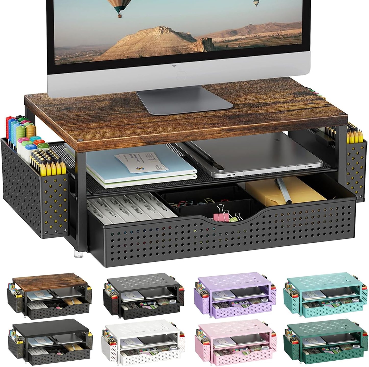 gianotter Monitor Stand Riser, Office Desk Shelf Organizer, Desk Organizer with Drawer and Pen Holder, 2-Tier Computer Stand, Office Organization (Ink)