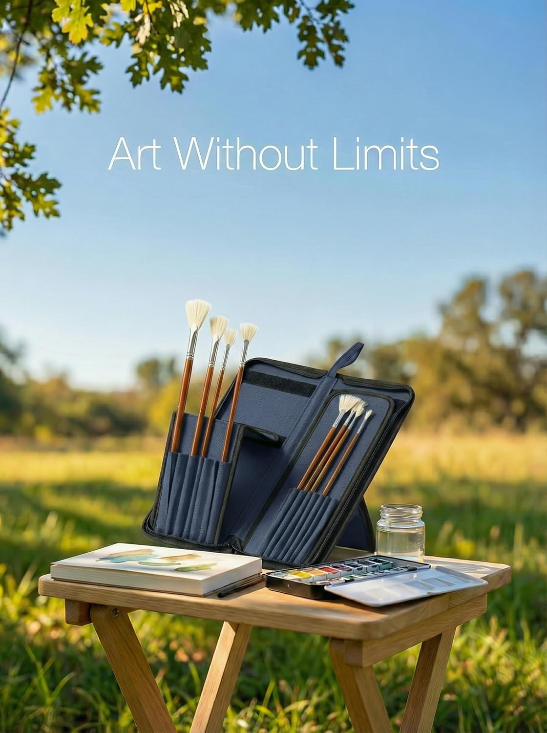 DUGATO Short Paint Brush Holder & Organizer 5.4x10.7 Inches, Blue Canvas Bag for Brushes up to 9.3" Length, Case with 15 Slots, Artist Brush Carrying Case (Brush Not Included)