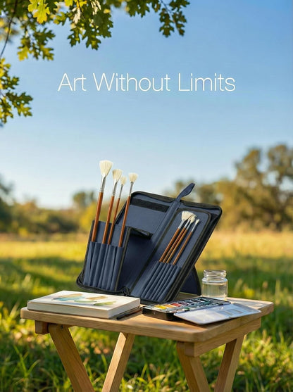 DUGATO Short Paint Brush Holder & Organizer 5.4x10.7 Inches, Blue Canvas Bag for Brushes up to 9.3" Length, Case with 15 Slots, Artist Brush Carrying Case (Brush Not Included)