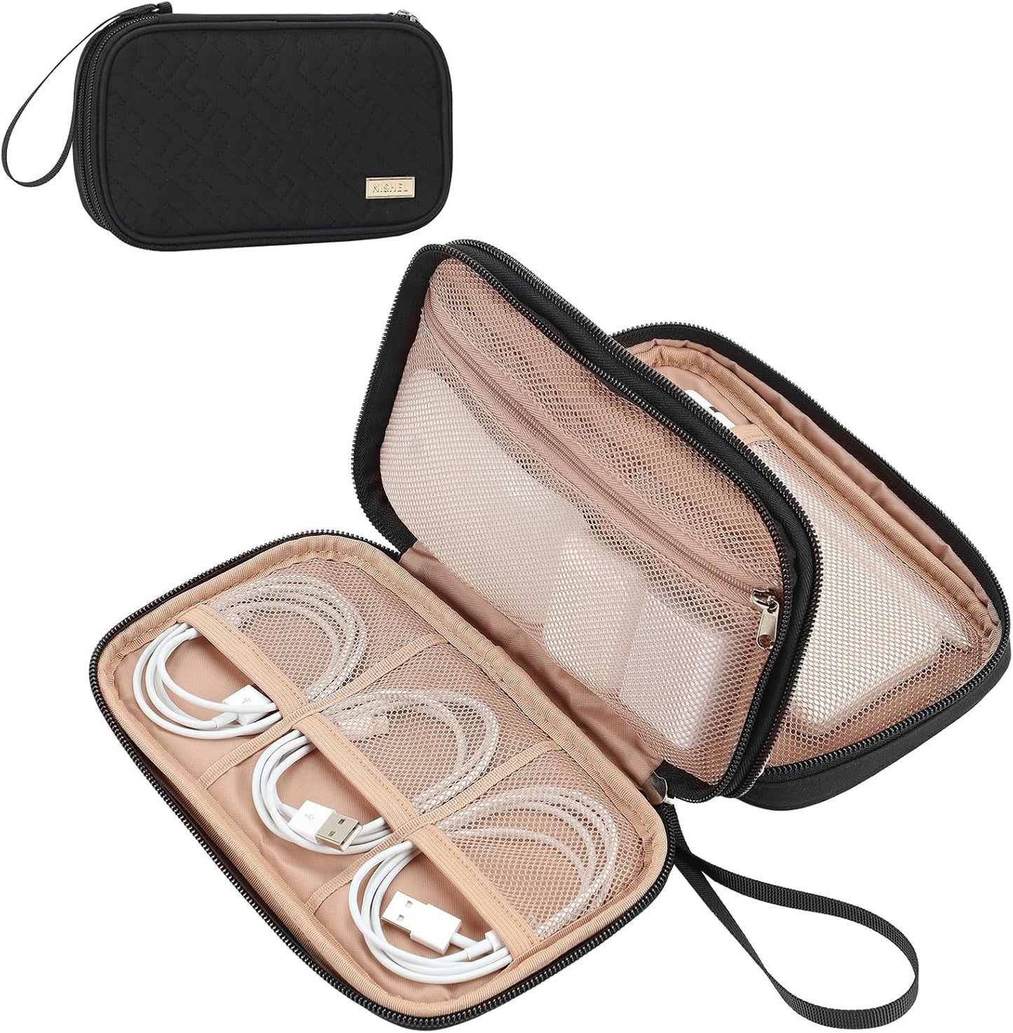 NISHEL Travel Cord Organizer Case, Double Layers Tech Electronic Bag, Essentials for Charger, Cable, Phone, Flash drive, Medium, Pink