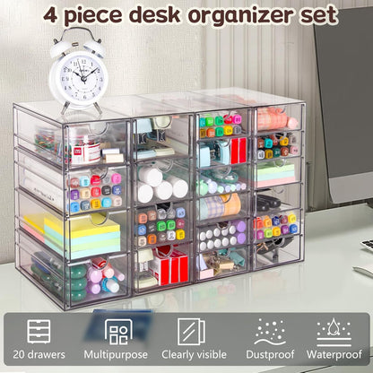 VZKAH Acrylic Organizer with Drawers | 20 Drawers 4 Sets | Desk Organizer and Storage, Clear Makeup Organization, For Office/Art Supply/Craft Storage and Organization