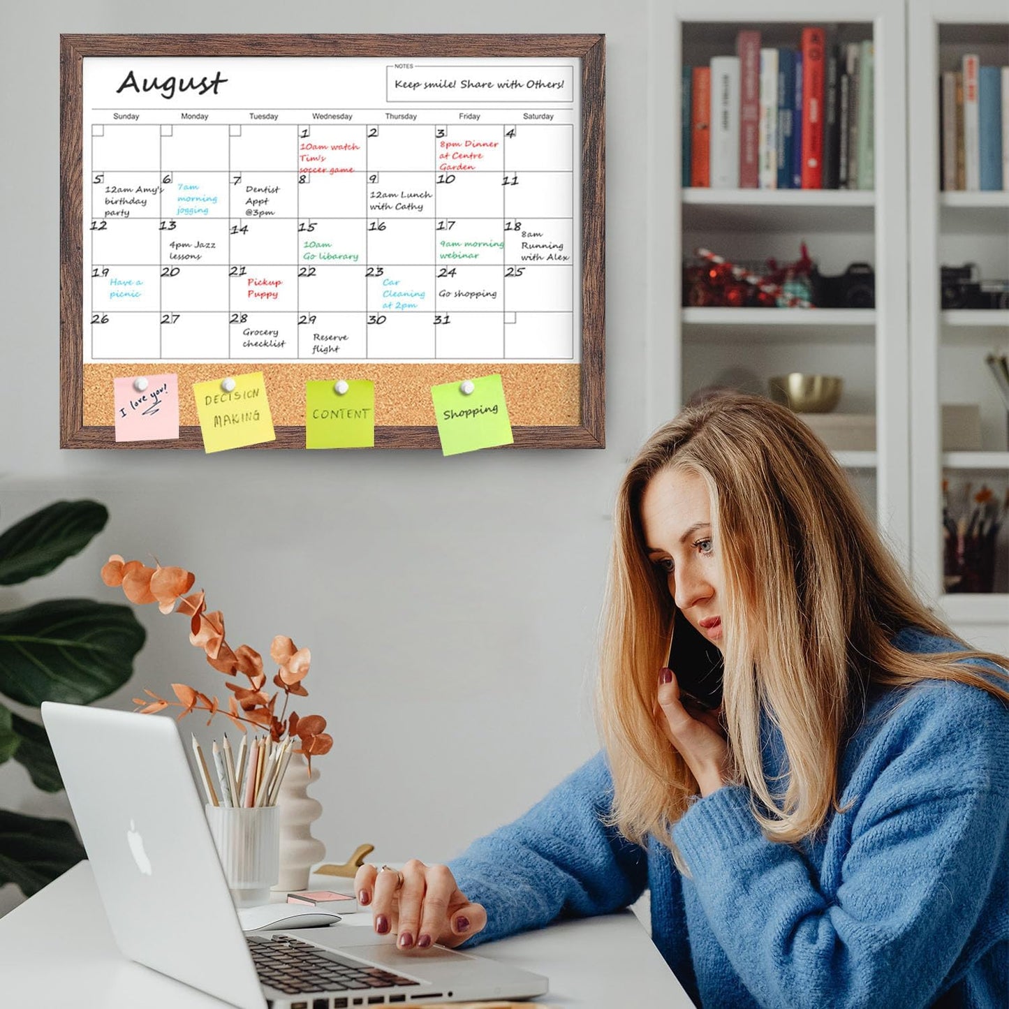 Calendar Whiteboard for Wall, TANKEE 17x13 Inches Whiteboard Calendar Cork Board Combo, Small Magnetic White Board with Wood Framed, Hanging Dry Erase Board for Kitchen Home Office School Planner