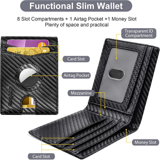 doeboe Airtag Wallet Men, Wallet for Men with Airtag Holder, Genuine Leather Credit Card Wallet, Bifold Slim Wallet for Air Tag GPS Tracker, RFID Minimalist Front Pocket Wallet [No Airtags]