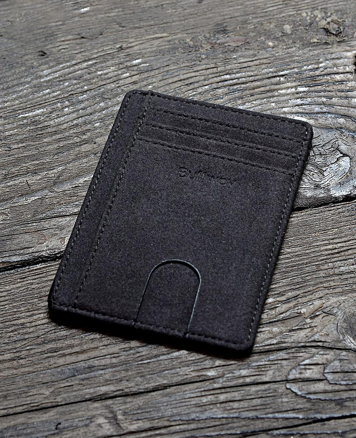 Buffway Slim Minimalist Front Pocket RFID Blocking Leather Wallets for Men and Women - Carbon Fiber Black - Colors B