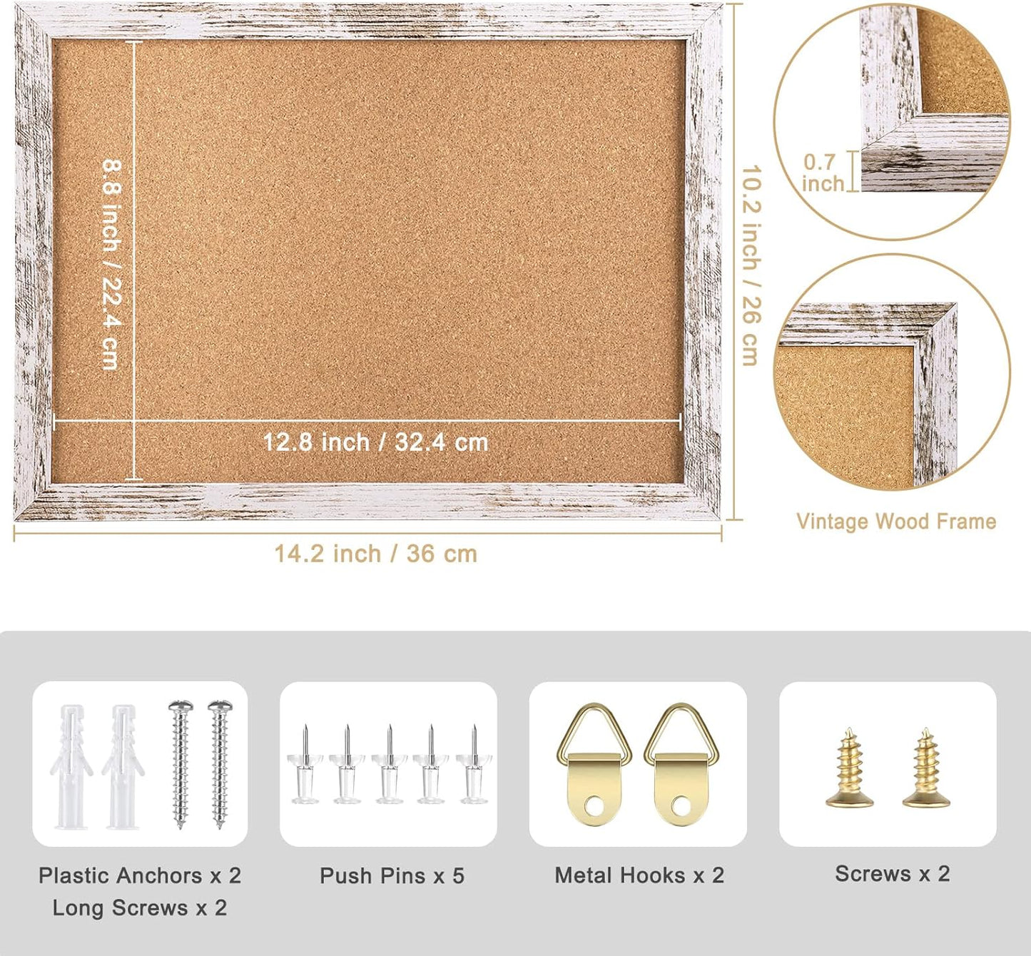 Cork Board Bulletin Board, 11.8x8.6 inches Mini Decorative Hanging Framed Cork Boards for Walls, Pin Board Vision Board for School Home Office, Bulletin Board with Wooden Frame(2230,WH,1p)