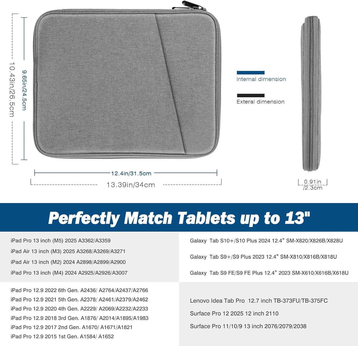 MoKo 9-11 Inch Tablet Sleeve Case, Fits New 11inch iPad Air M4/Pro M5, iPad A16 11", i-Pad 10/9/8/7th/Air 5/4th 10.9"/10.2", Tab S9/S8 11", Protective Bag Carrying Case with Pocket, Dark Gray