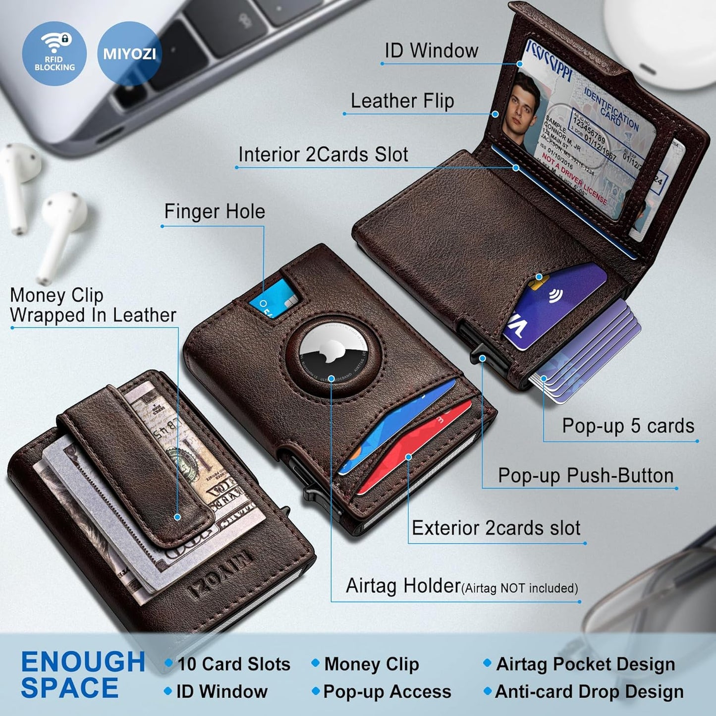 miyozi Airtag Wallet for Men,with Money Clip 10 Cards Metal Case Smart Slim Pop Up Credit Card Holder Flip with Magnetic Closure RFID Blocking wallet with Gift Box