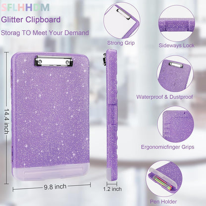 Glitter Clipboard with Storage,Storage Clipboard with Pen Holder,A4 Binder Clip Boards 8.5x11 with Low Profile Clip,Side Opening Sparkle Clipboards, Clipboards Folder for Office Supplies-Starry Black