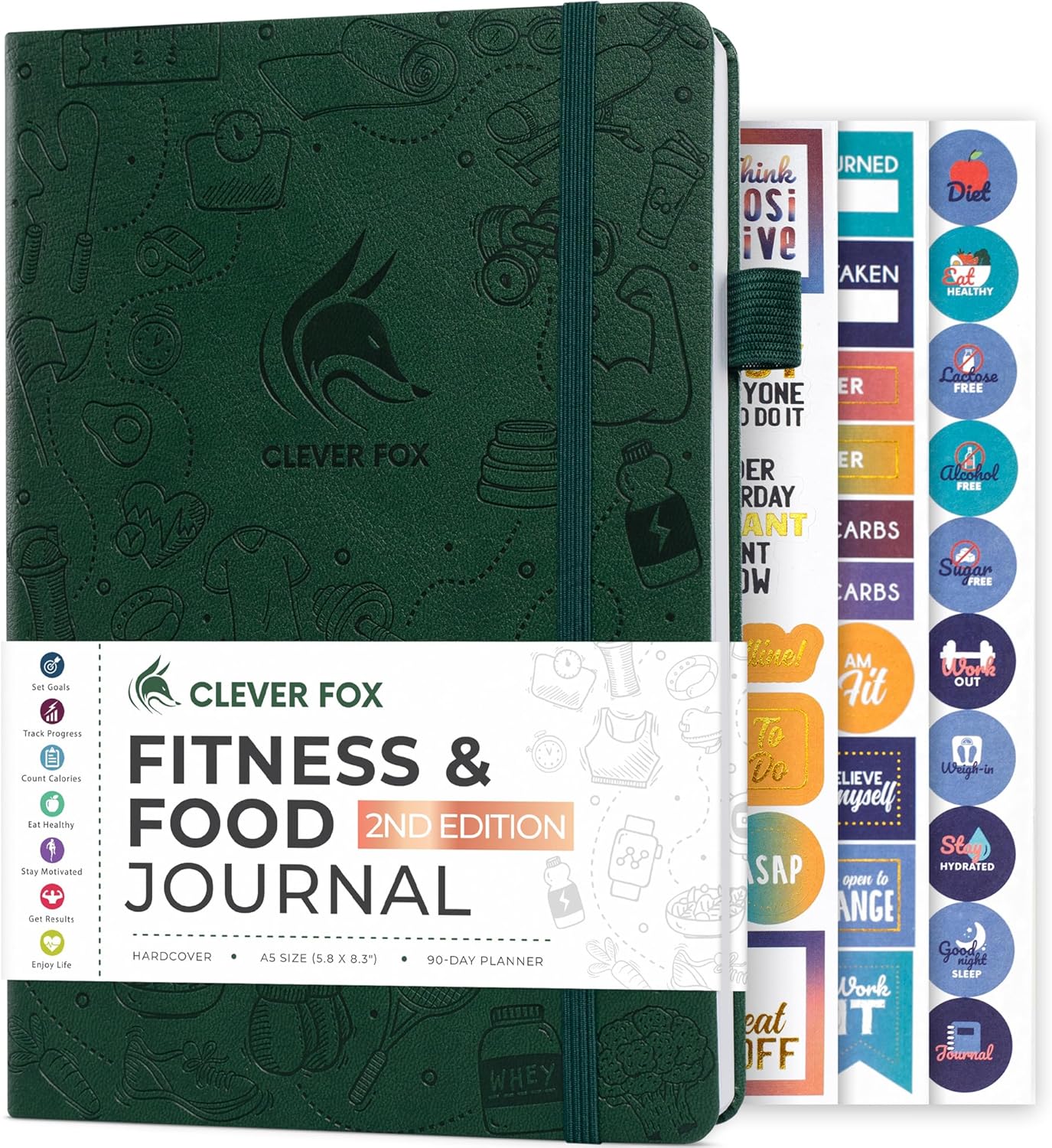 Clever Fox Fitness & Food Journal – Nutrition & Workout Planner for Women & Men – Diet & Gym Exercise Log Book with Calendars, Diet & Training Trackers - Undated, A5 Size, Hardcover (Forest Green)